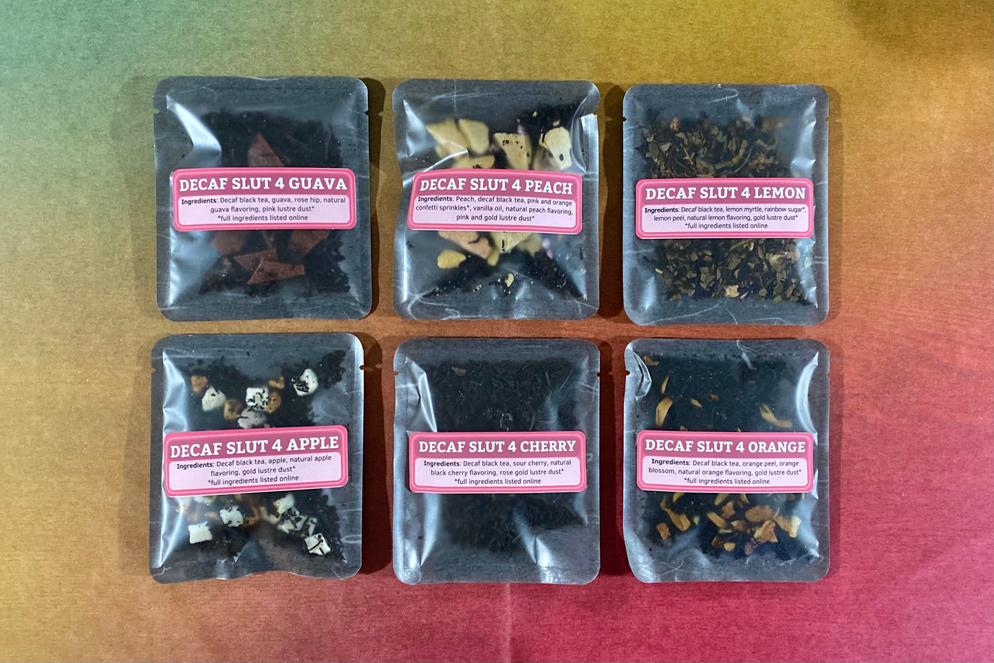 All six Decaf Slutty Fruit teas spread in a grid