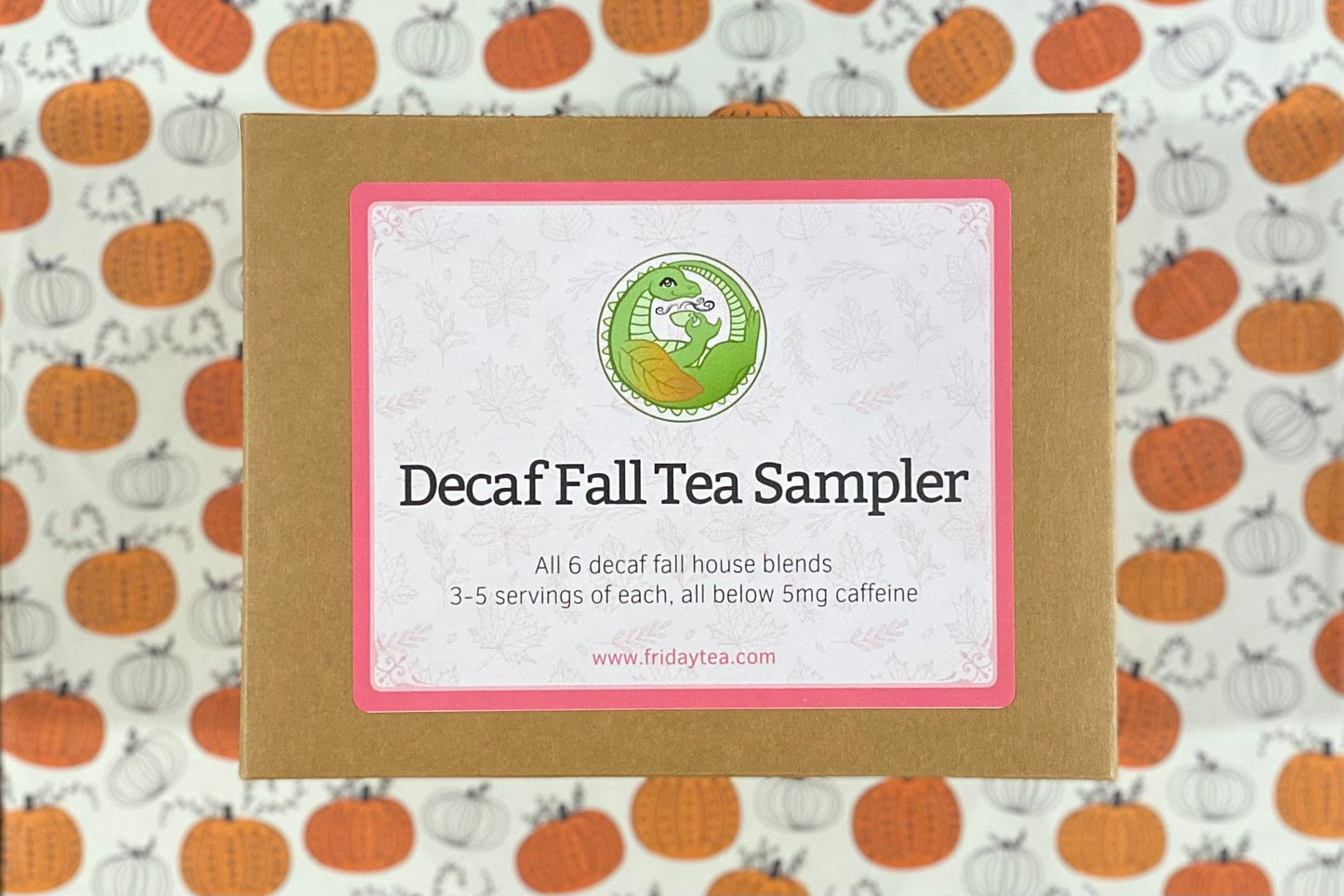 Decaf Fall Tea Sampler package on a pumpkin pattern background