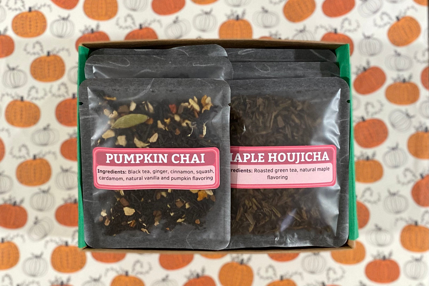 An open fall tea sampler box, showing Pumpkin Chai and Maple Houjicha