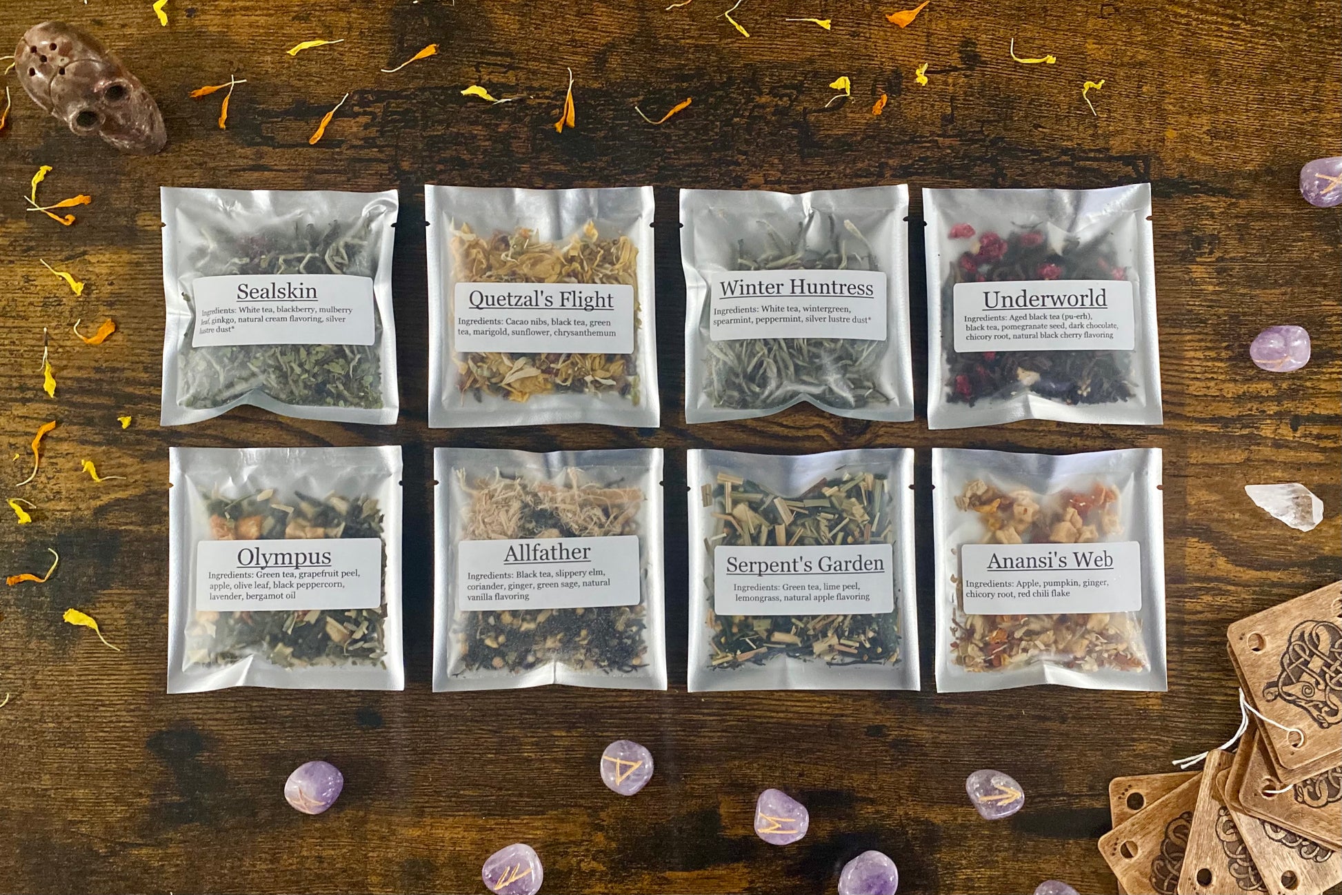 Full spread of all eight mythology tea samplers