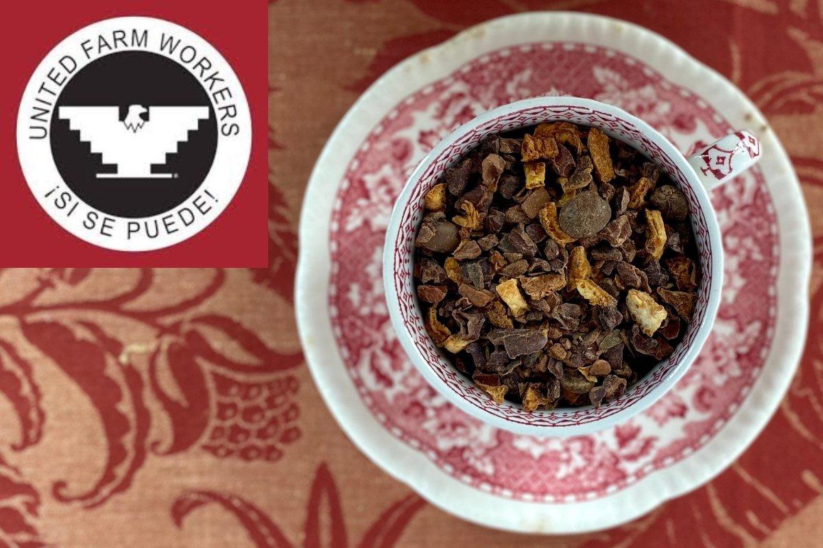 Cup of cacao nib, citrus & spice beside United Farm Workers logo