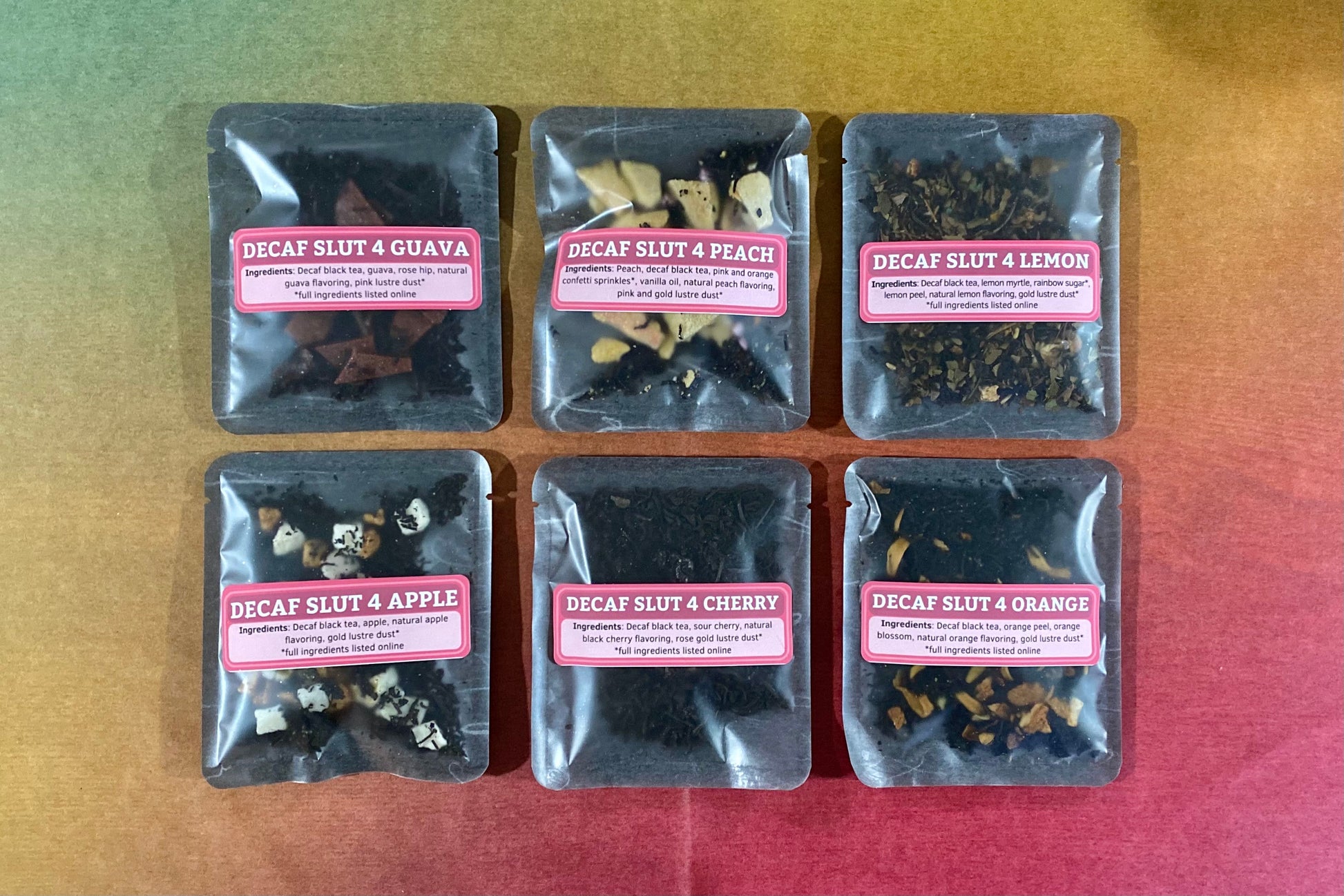 All six Decaf Slutty Fruit teas spread in a grid