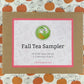 Fall tea sampler package on a pumpkin patterned background