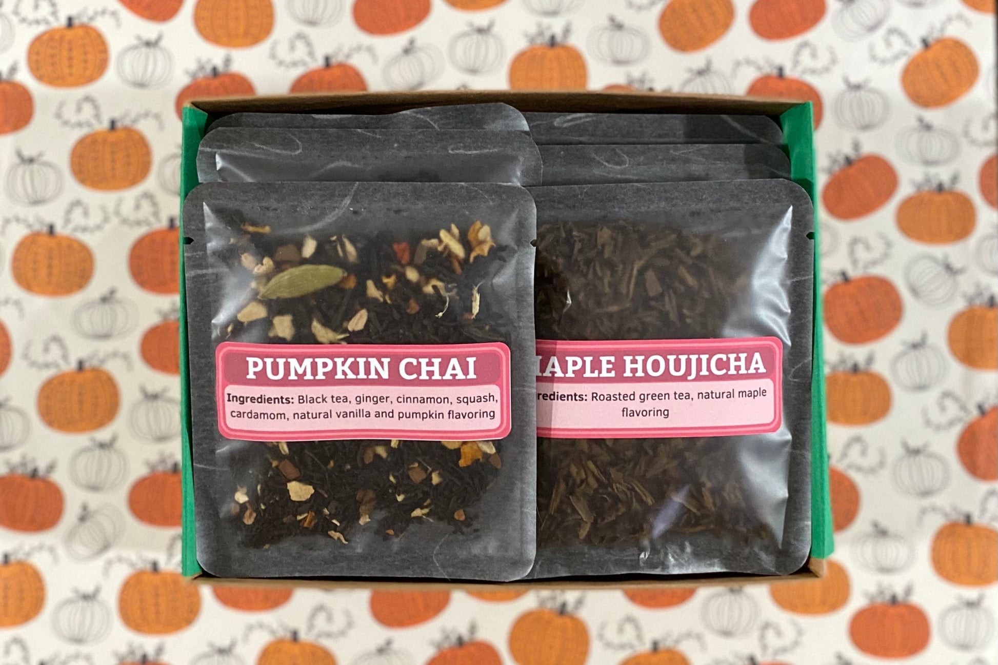 An open fall tea sampler box, showing Pumpkin Chai and Maple Houjicha