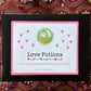 Box of 'Love Potions' tea with decorative background