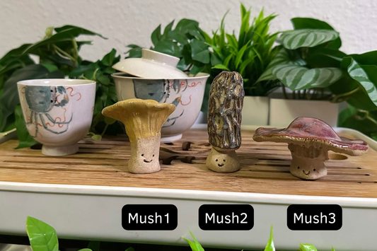 Three mushroom tea pets on a gongfu tray: Mush1 is a chanterelle, Mush2 is a morel, and Mush3 is maybe a red bolete, but I'm not completely sure.