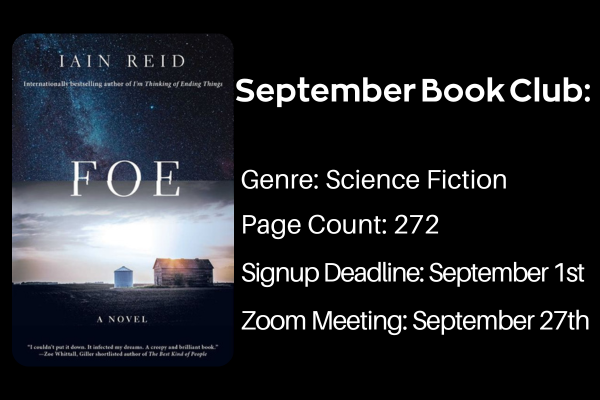 Promotional image for September Book Club featuring 'FOE' by Iain Reid with book cover and event details.