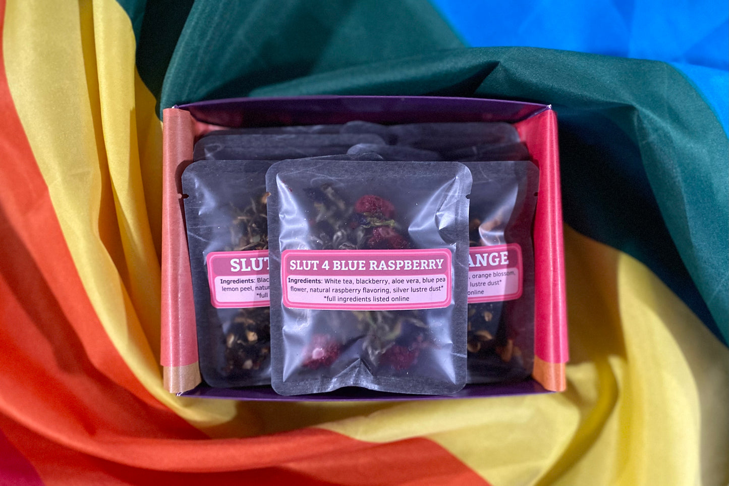 Open box showing Slutty Fruit Teas