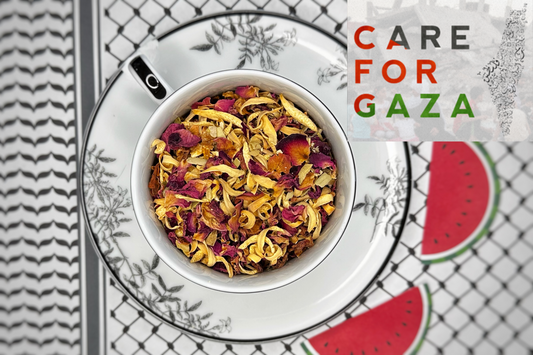cup of tea with flowers inside and "care for gaza" logo